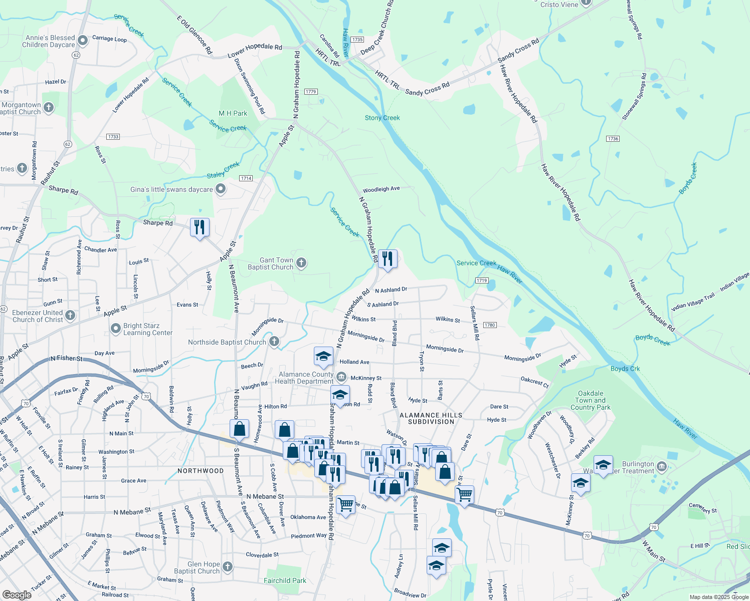 map of restaurants, bars, coffee shops, grocery stores, and more near 1913 South Ashland Drive in Burlington