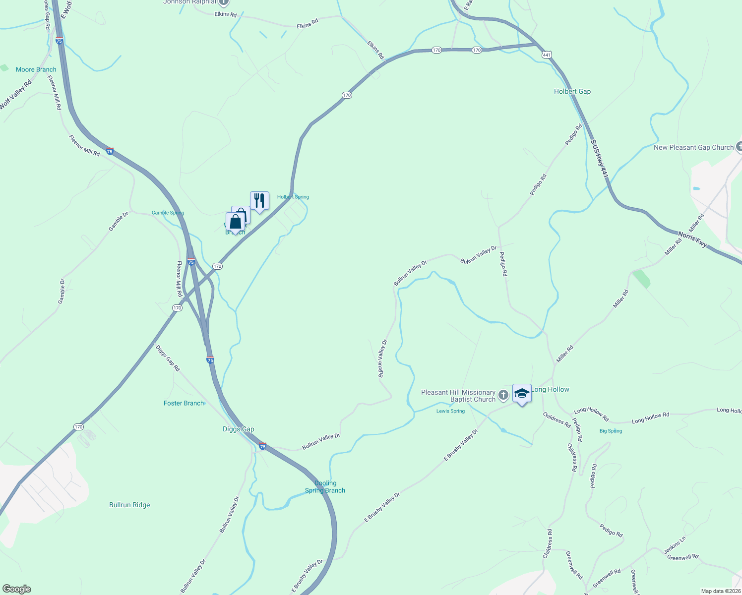map of restaurants, bars, coffee shops, grocery stores, and more near 2301 Bullrun Valley Drive in Powell