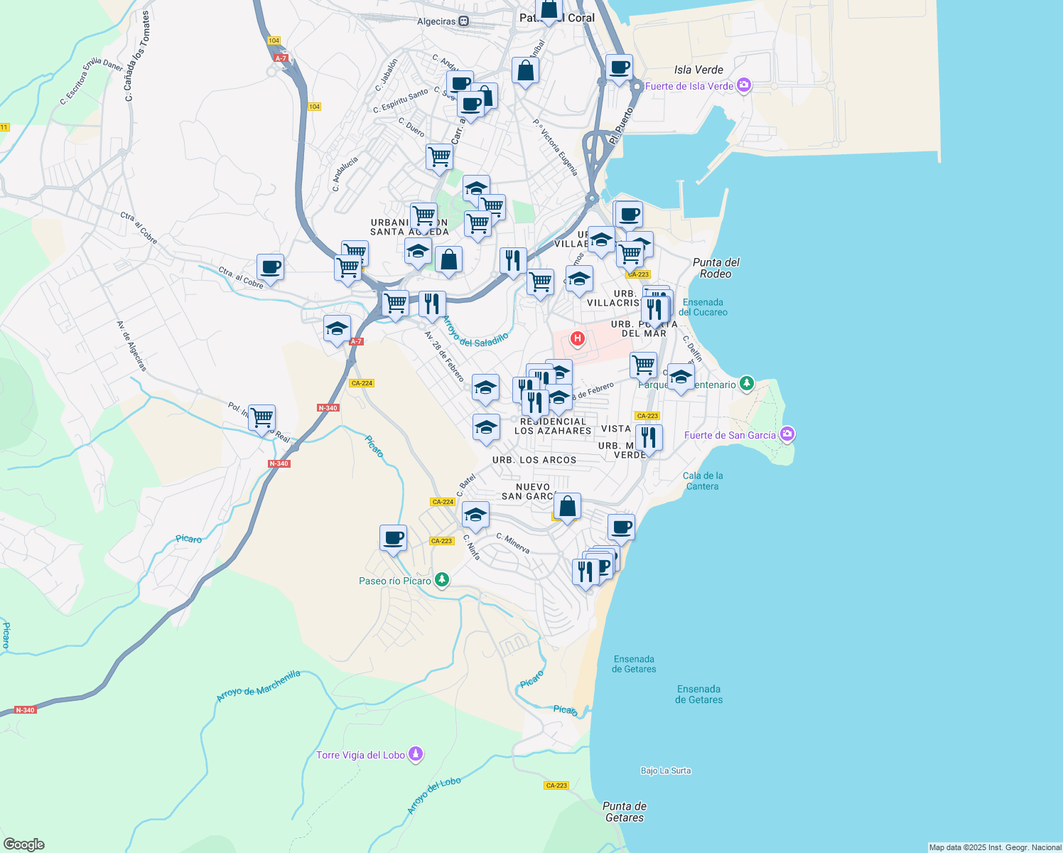 map of restaurants, bars, coffee shops, grocery stores, and more near in Algeciras