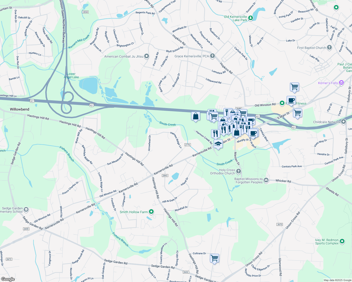 map of restaurants, bars, coffee shops, grocery stores, and more near 229 Harmon Ridge Lane in Kernersville