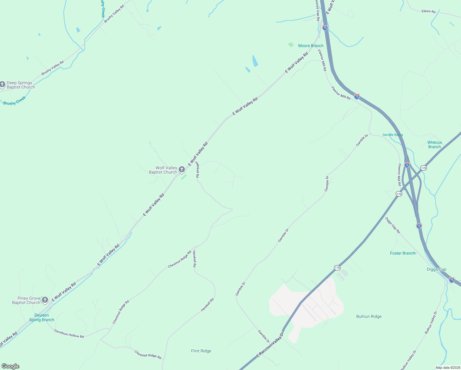 map of restaurants, bars, coffee shops, grocery stores, and more near 409 Den Lane in Heiskell