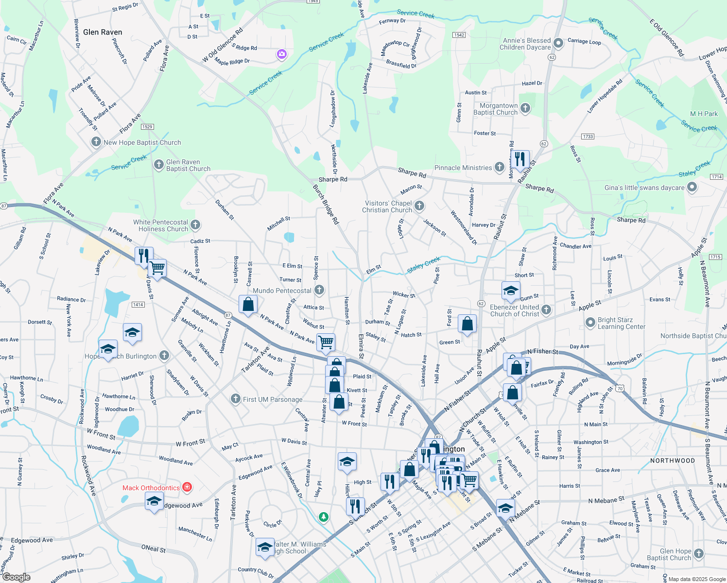 map of restaurants, bars, coffee shops, grocery stores, and more near 507 Elmira Street in Burlington