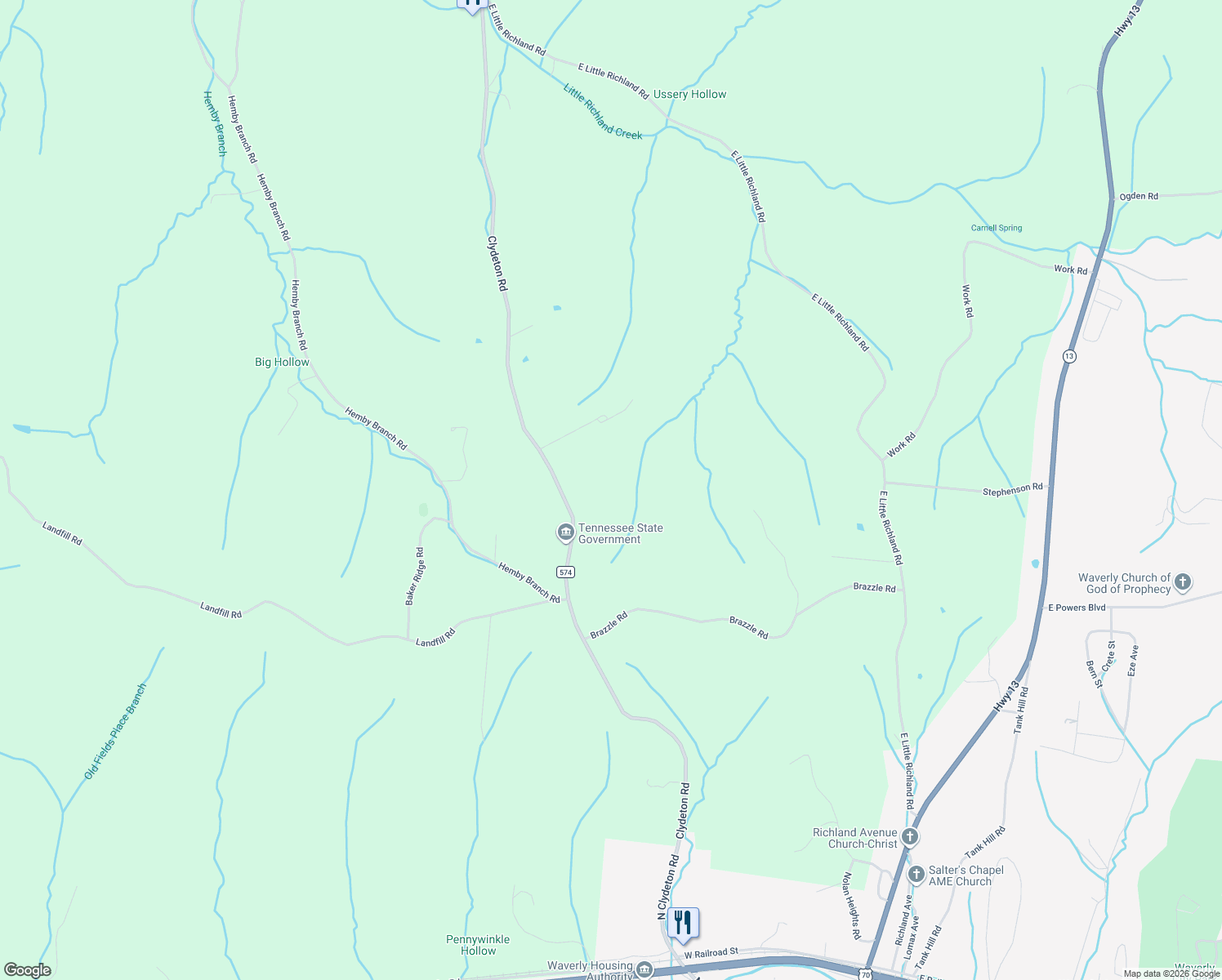 map of restaurants, bars, coffee shops, grocery stores, and more near 1880 Clydeton Road in Waverly