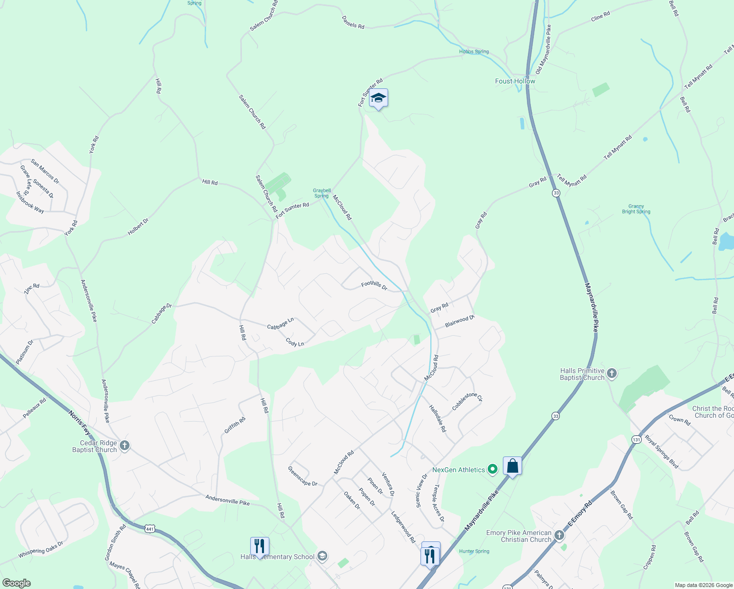 map of restaurants, bars, coffee shops, grocery stores, and more near 4428 Foothills Drive in Knoxville