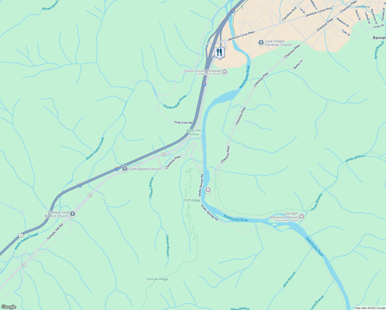map of restaurants, bars, coffee shops, grocery stores, and more near 2354 Chestoa Pike in Erwin