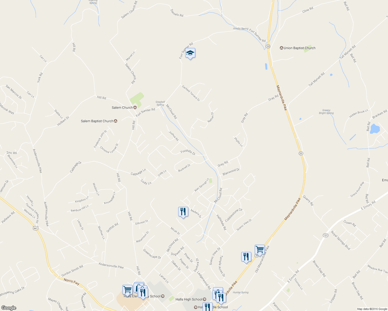 map of restaurants, bars, coffee shops, grocery stores, and more near 4512 Foothills Drive in Knoxville