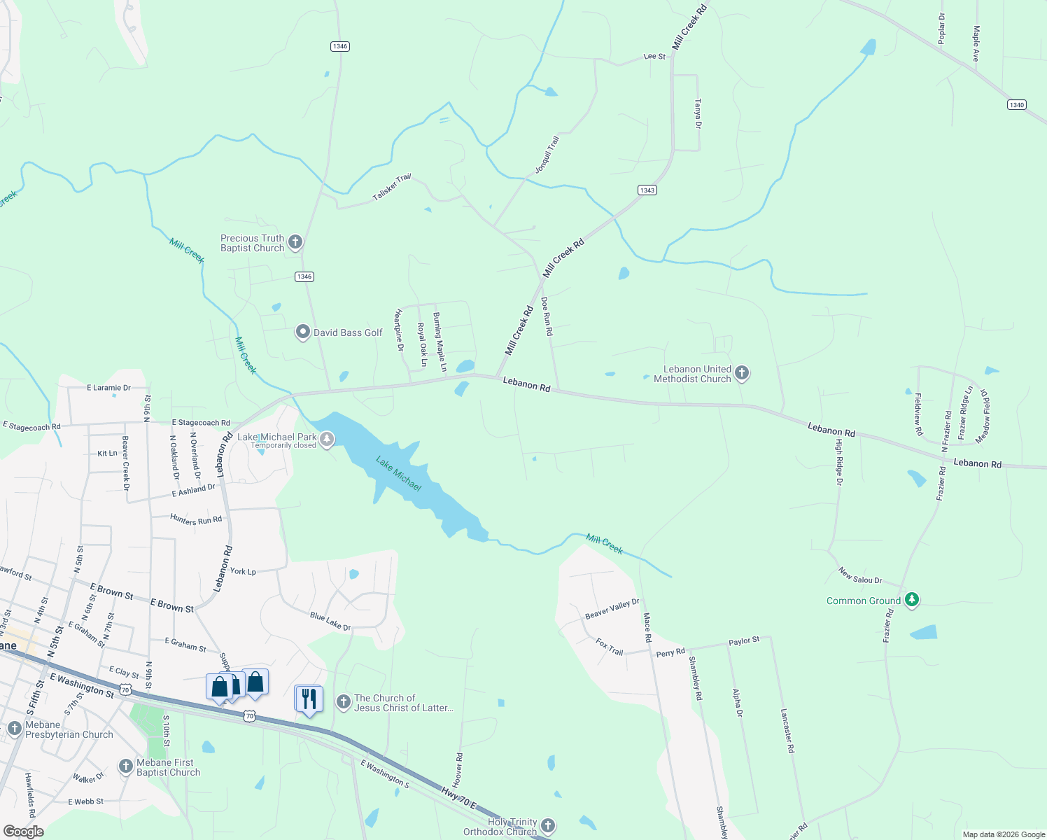 map of restaurants, bars, coffee shops, grocery stores, and more near 1321 Sundown Drive in Mebane