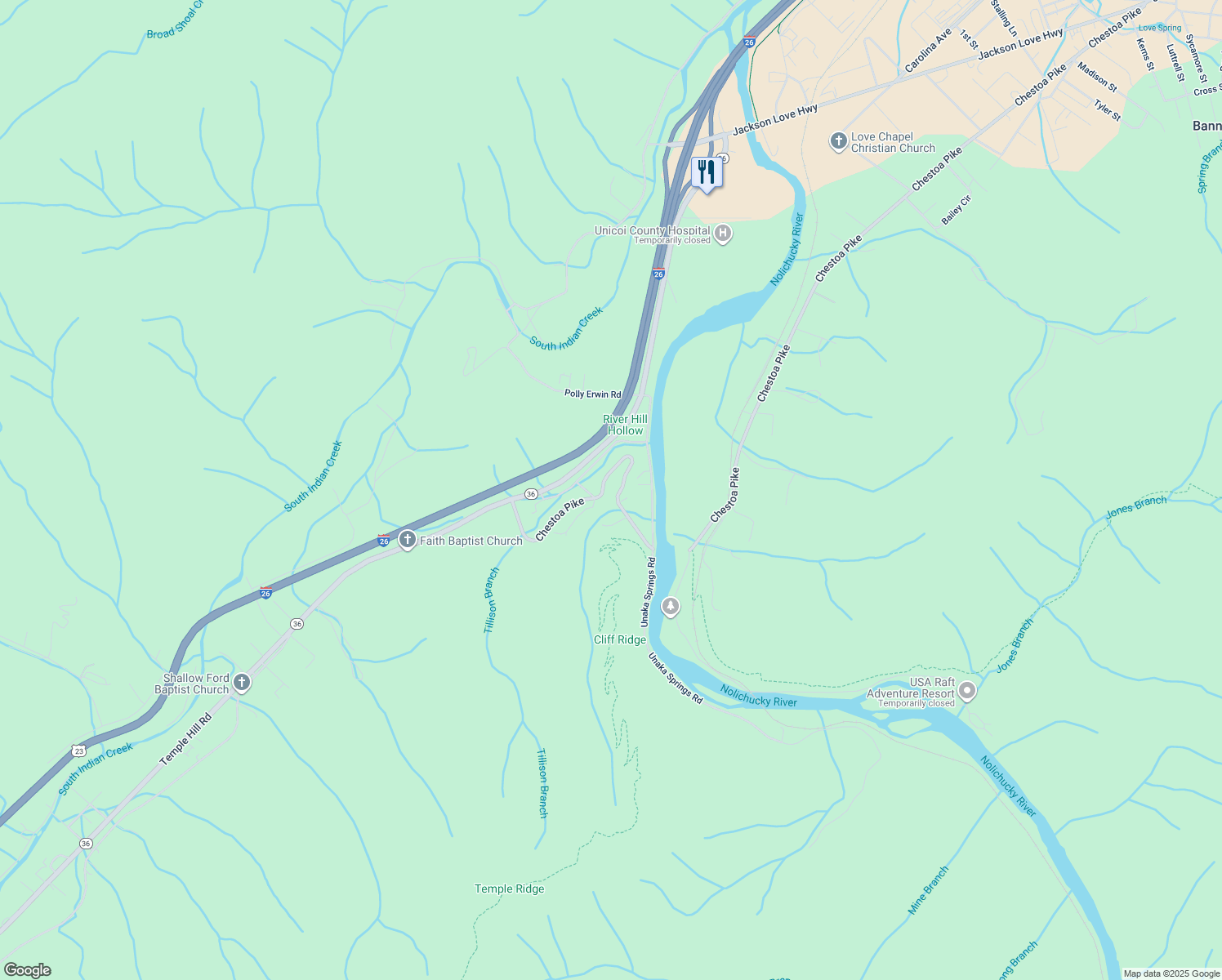 map of restaurants, bars, coffee shops, grocery stores, and more near 2354 Chestoa Pike in Erwin