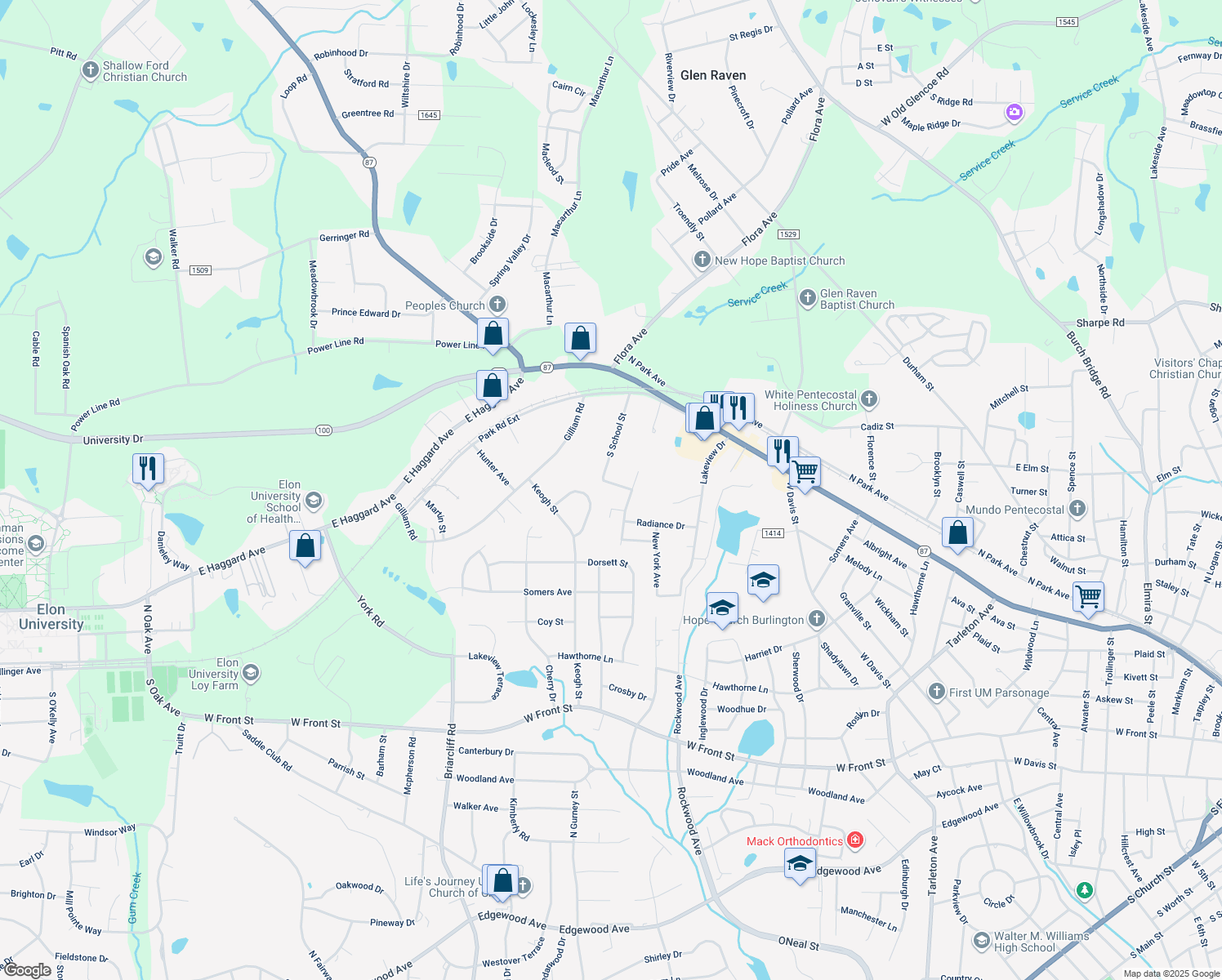 map of restaurants, bars, coffee shops, grocery stores, and more near 2420 Aaron Street in Burlington