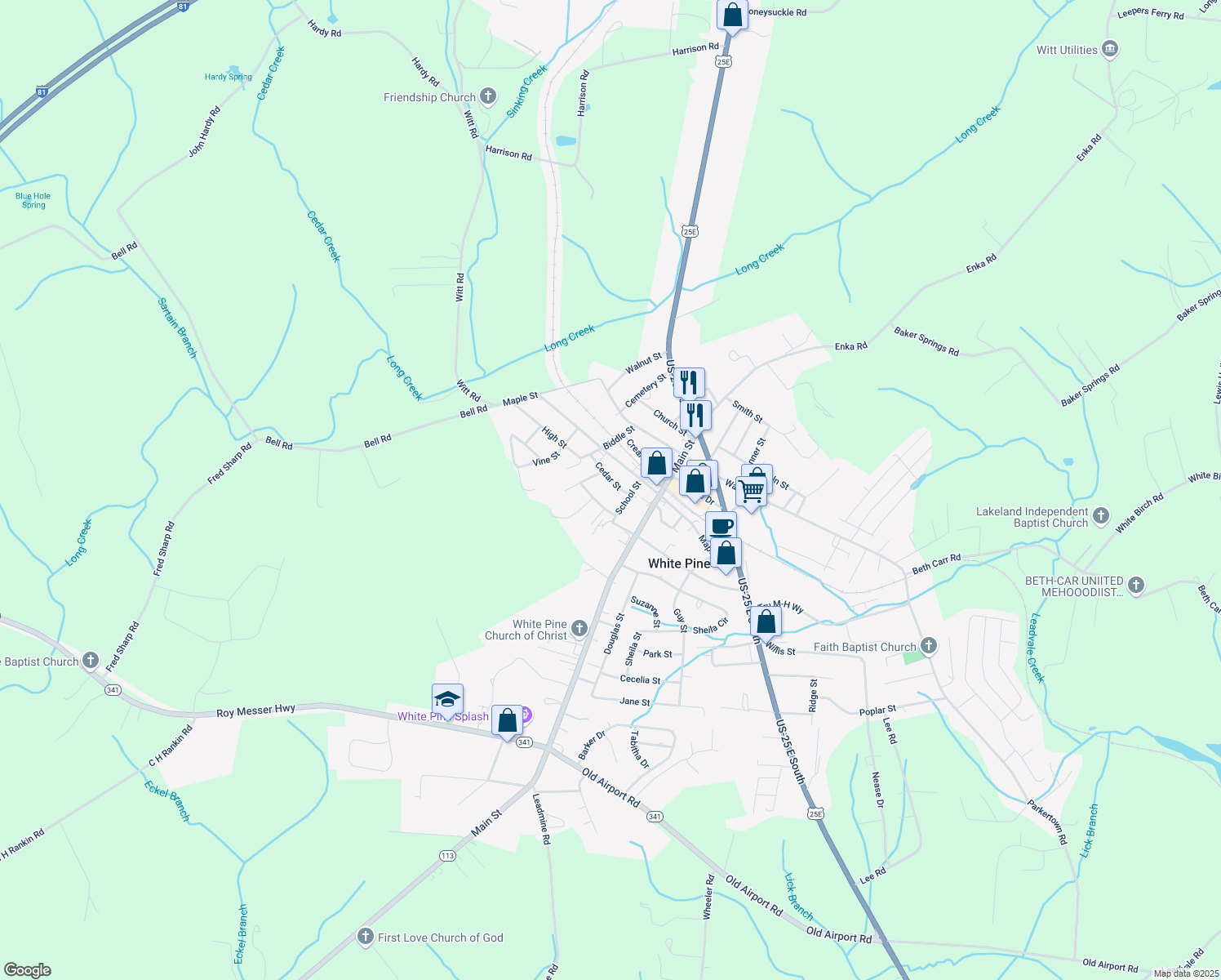 map of restaurants, bars, coffee shops, grocery stores, and more near 1525 Cedar St in White Pine