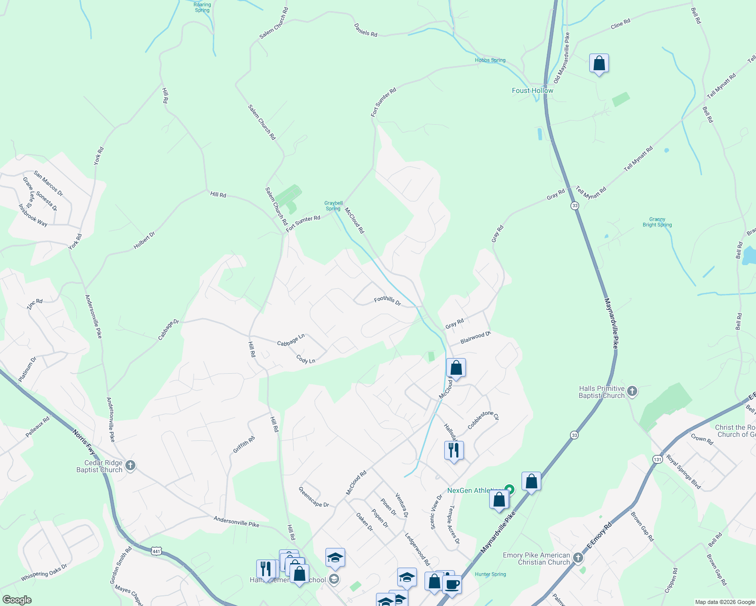 map of restaurants, bars, coffee shops, grocery stores, and more near 4428 Foothills Drive in Knoxville