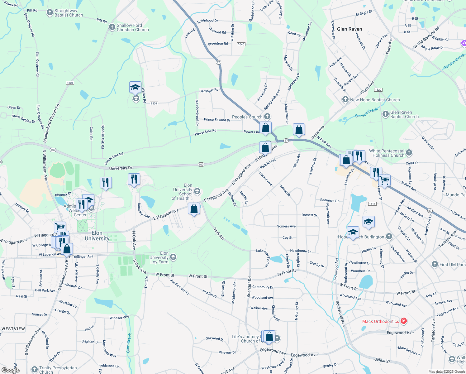 map of restaurants, bars, coffee shops, grocery stores, and more near 907 East Haggard Avenue in Elon