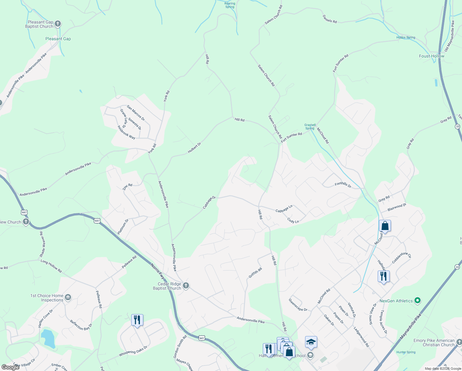 map of restaurants, bars, coffee shops, grocery stores, and more near 4409 Cabbage Drive in Knoxville