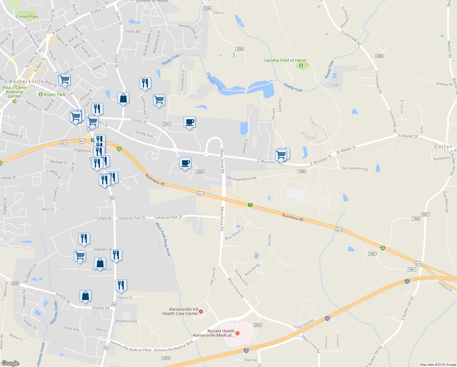 map of restaurants, bars, coffee shops, grocery stores, and more near 1210 Old Greensboro Road in Kernersville