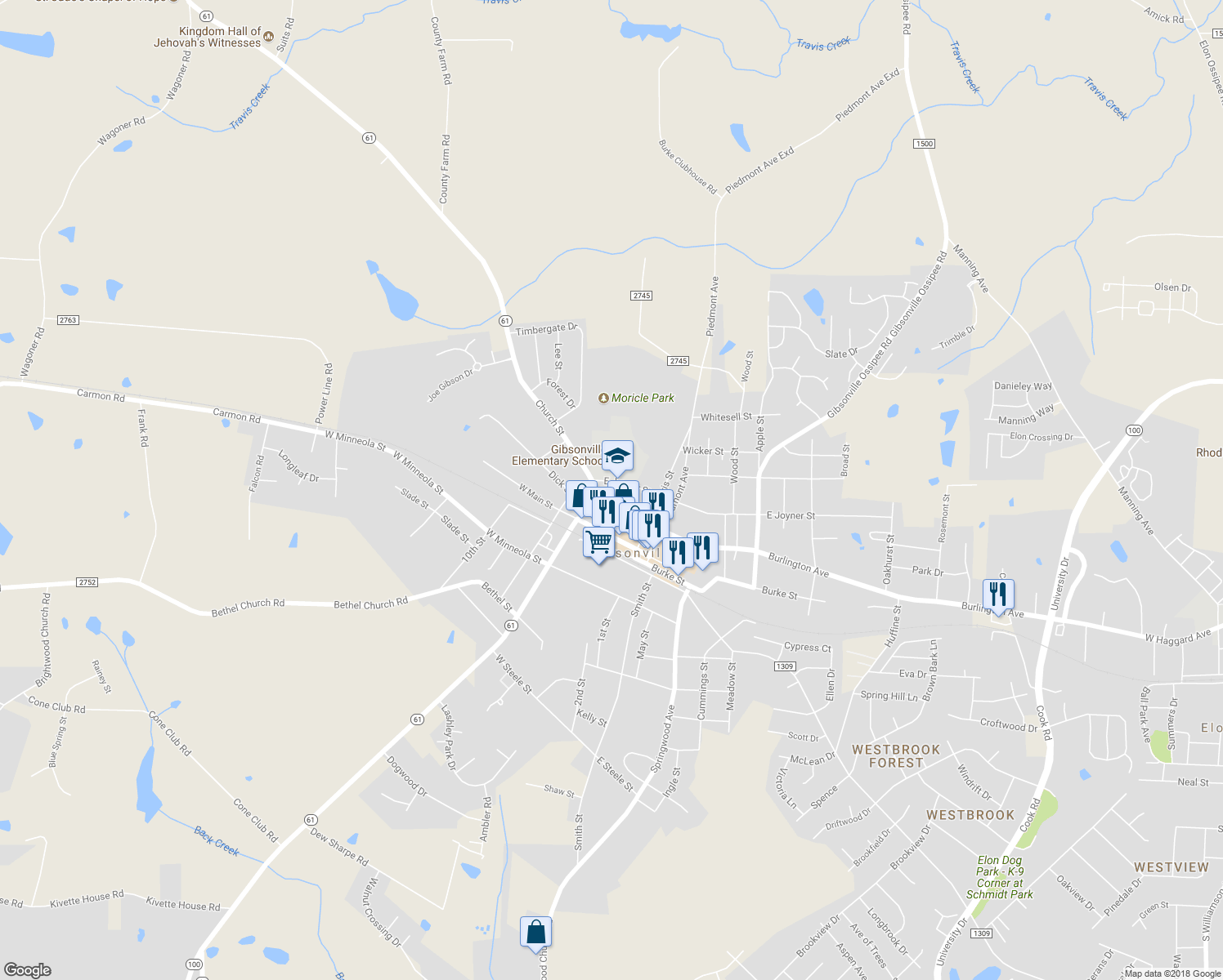 map of restaurants, bars, coffee shops, grocery stores, and more near 211 North Wharton Avenue in Gibsonville
