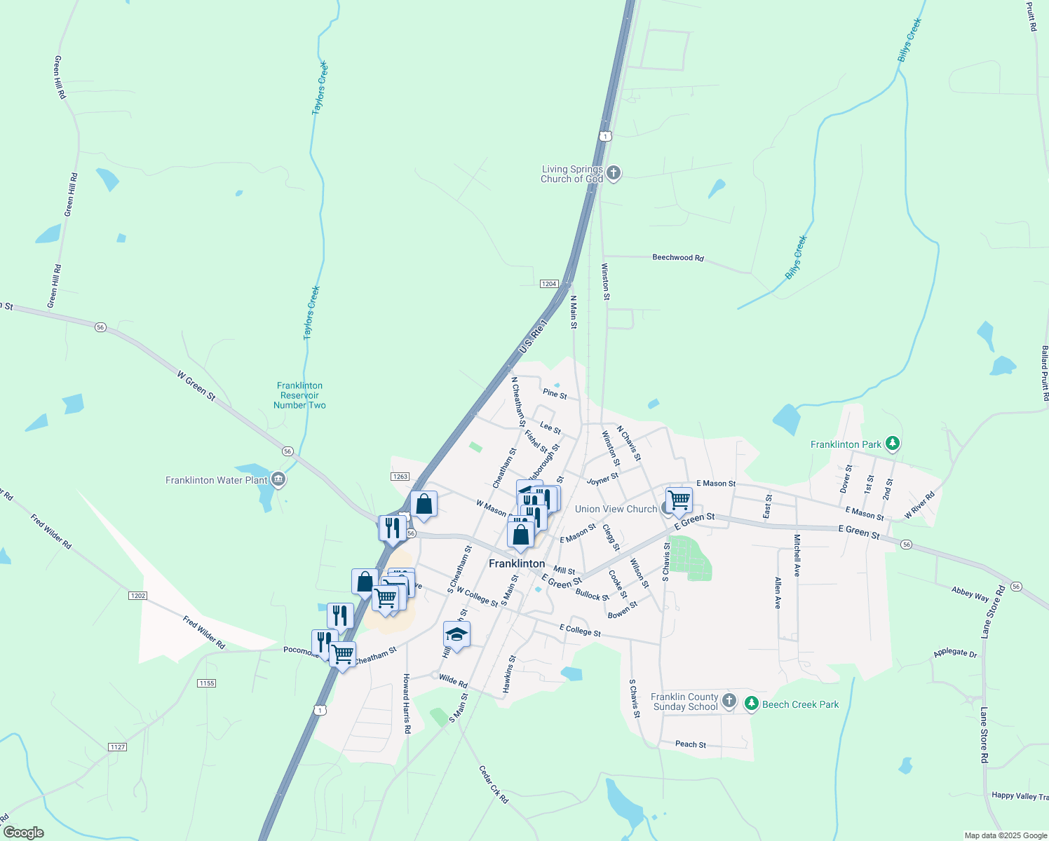 map of restaurants, bars, coffee shops, grocery stores, and more near 308 North Cheatham Street in Franklinton