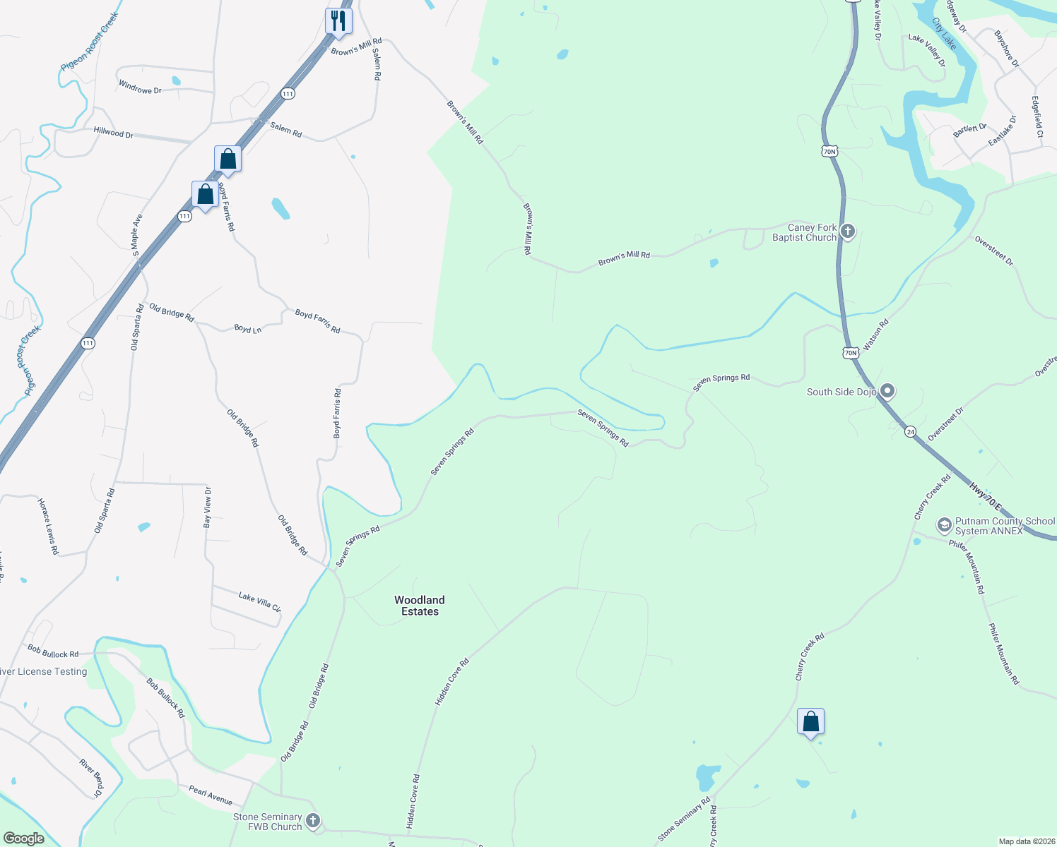map of restaurants, bars, coffee shops, grocery stores, and more near 2761 Seven Springs Road in Cookeville