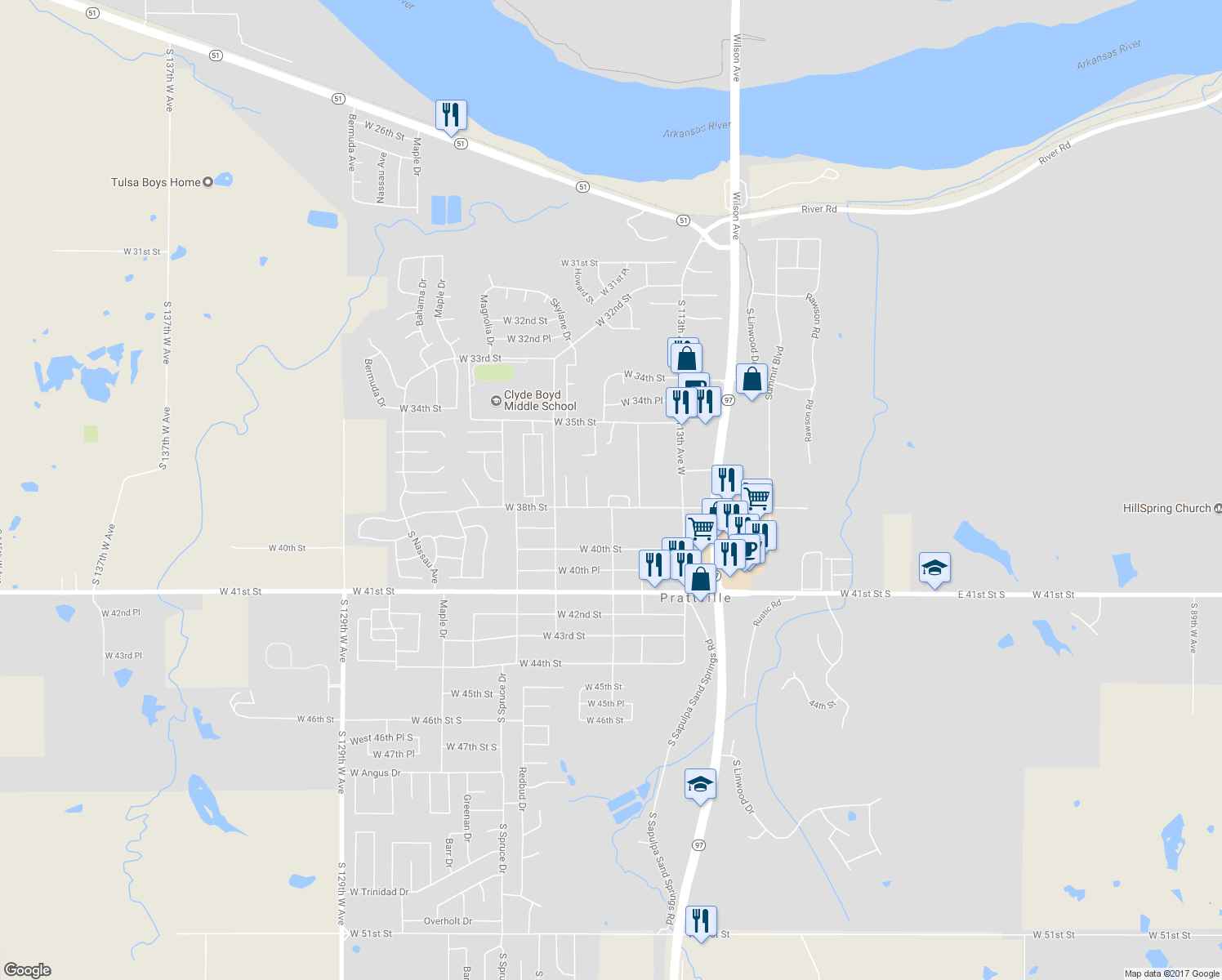 map of restaurants, bars, coffee shops, grocery stores, and more near 113 Seward Avenue in Sand Springs
