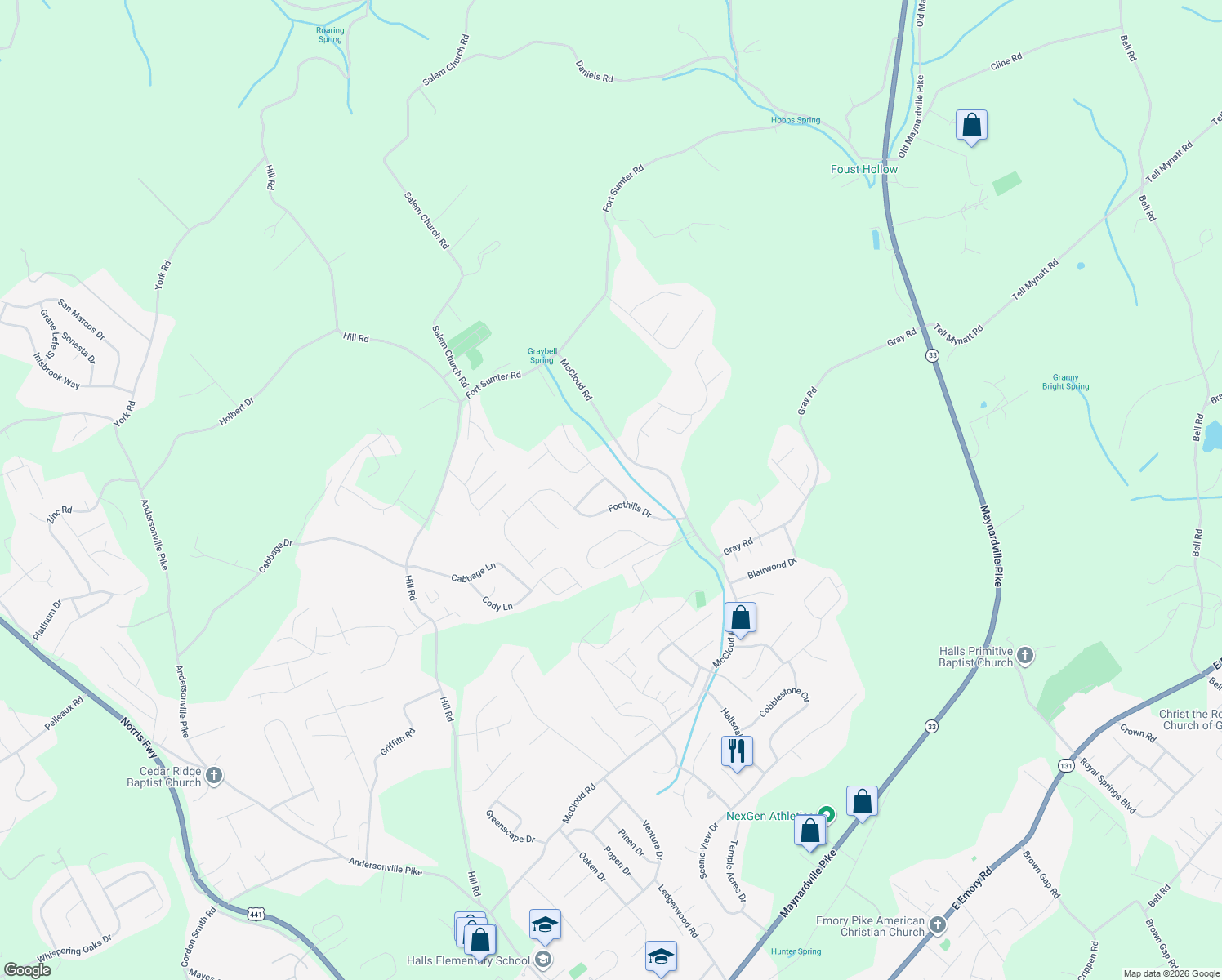 map of restaurants, bars, coffee shops, grocery stores, and more near 8116 Joshua Road in Knoxville