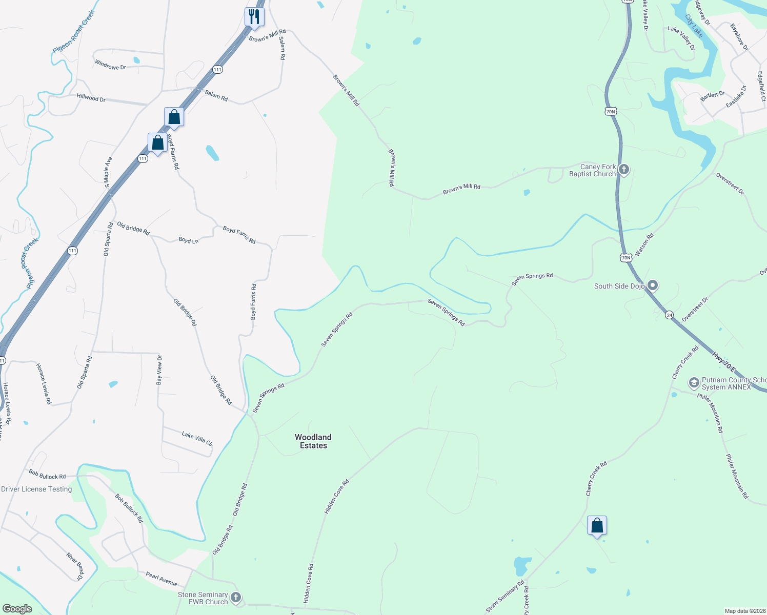 map of restaurants, bars, coffee shops, grocery stores, and more near 2761 Seven Springs Road in Cookeville