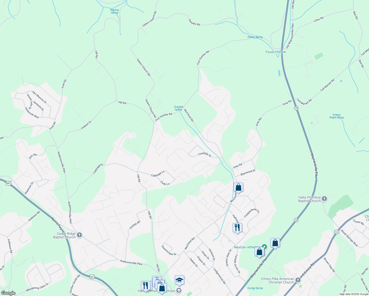 map of restaurants, bars, coffee shops, grocery stores, and more near 4321 Foothills Drive in Knoxville