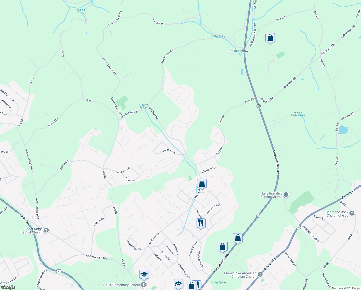 map of restaurants, bars, coffee shops, grocery stores, and more near 4711 McCloud Road in Knoxville