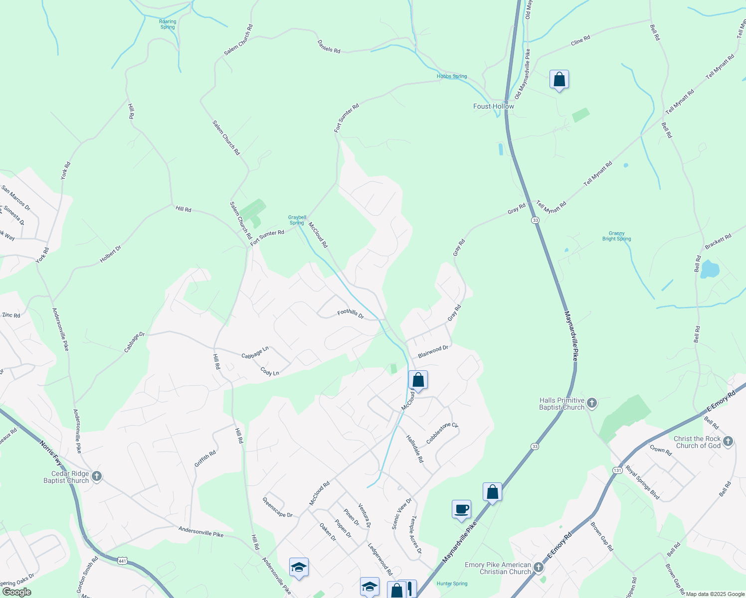 map of restaurants, bars, coffee shops, grocery stores, and more near 4711 McCloud Road in Knoxville