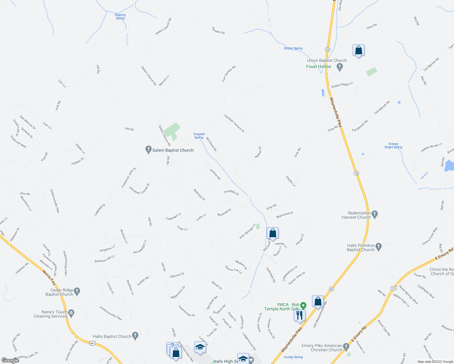 map of restaurants, bars, coffee shops, grocery stores, and more near 8116 Joshua Road in Knoxville
