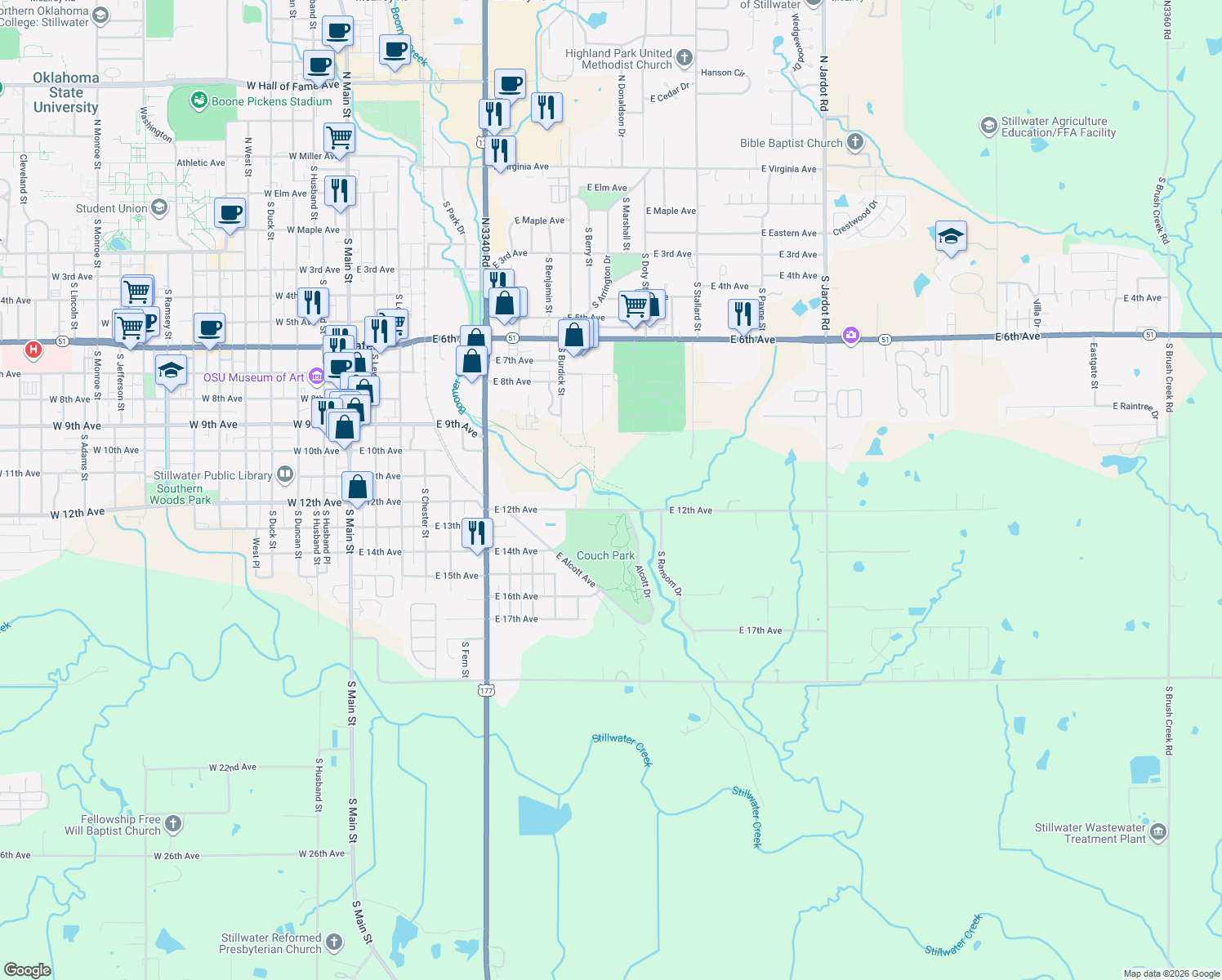 map of restaurants, bars, coffee shops, grocery stores, and more near 1008 East 12th Avenue in Stillwater