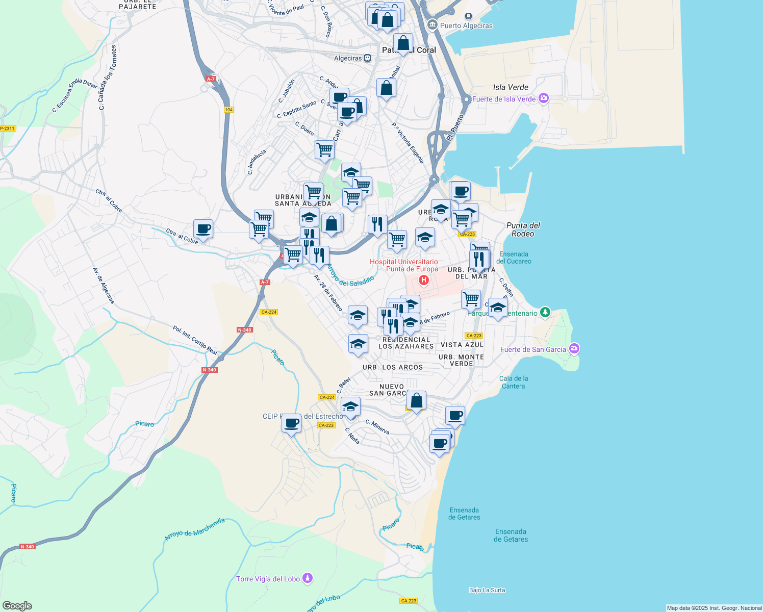 map of restaurants, bars, coffee shops, grocery stores, and more near 87 Calle Isabel Pantoja in Algeciras