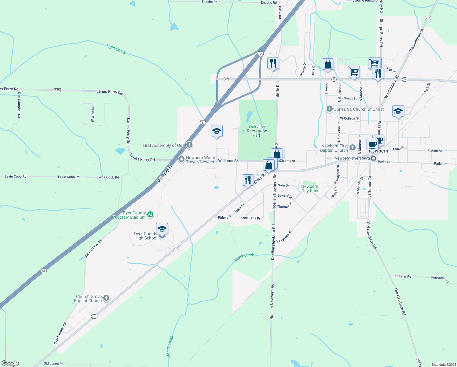 map of restaurants, bars, coffee shops, grocery stores, and more near 887 Torrey Pine Cove in Newbern