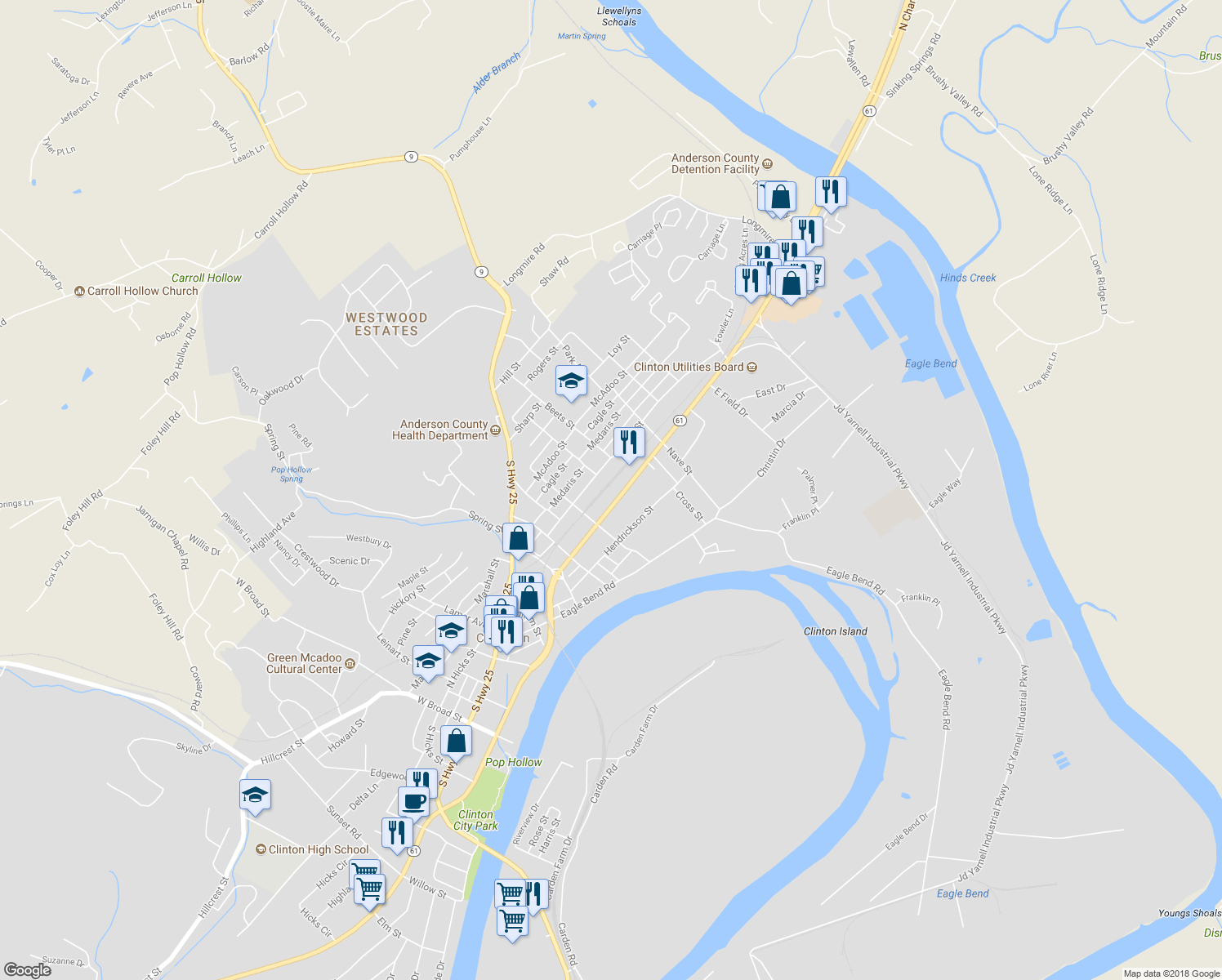map of restaurants, bars, coffee shops, grocery stores, and more near 730 North Charles G Seivers Boulevard in Clinton