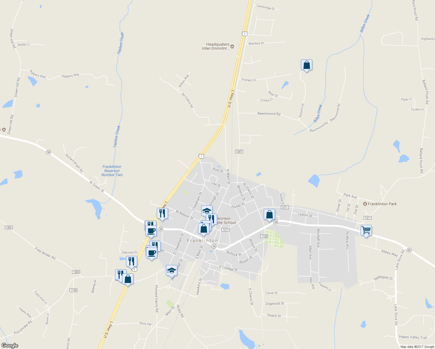map of restaurants, bars, coffee shops, grocery stores, and more near 10 Ramey Circle in Franklinton