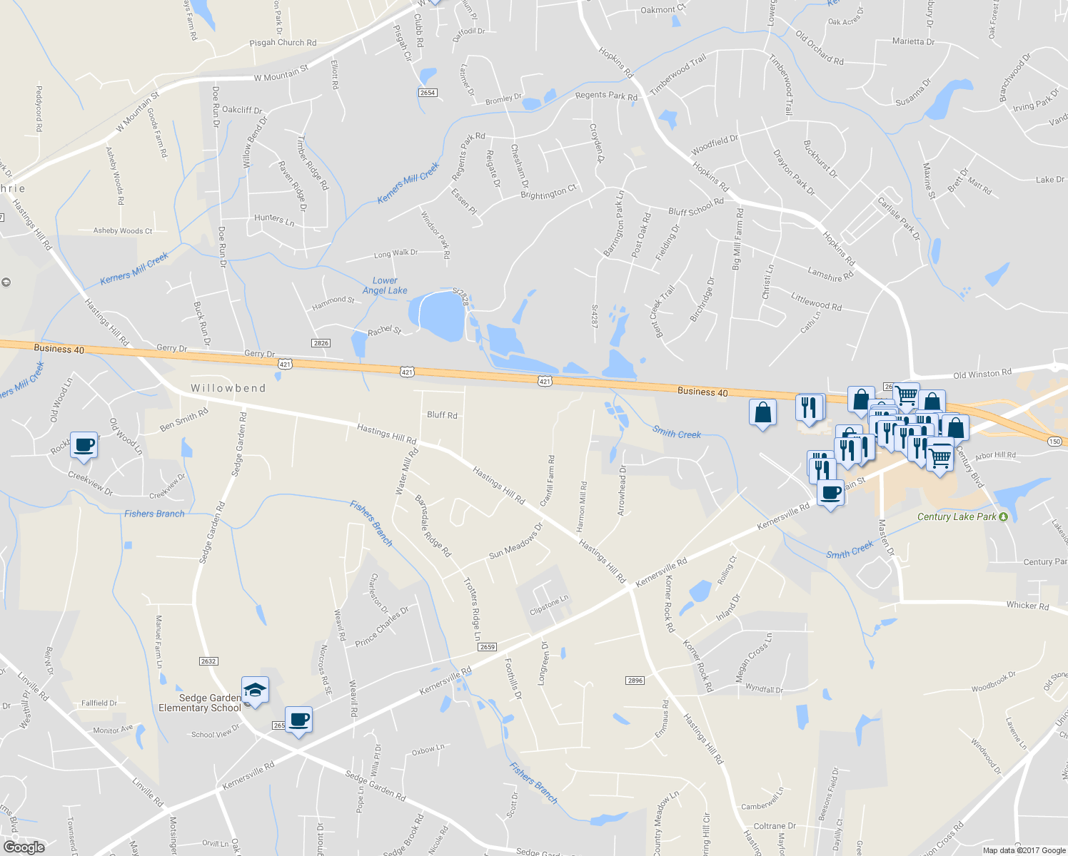 map of restaurants, bars, coffee shops, grocery stores, and more near 545 Hastings Hill Road in Kernersville
