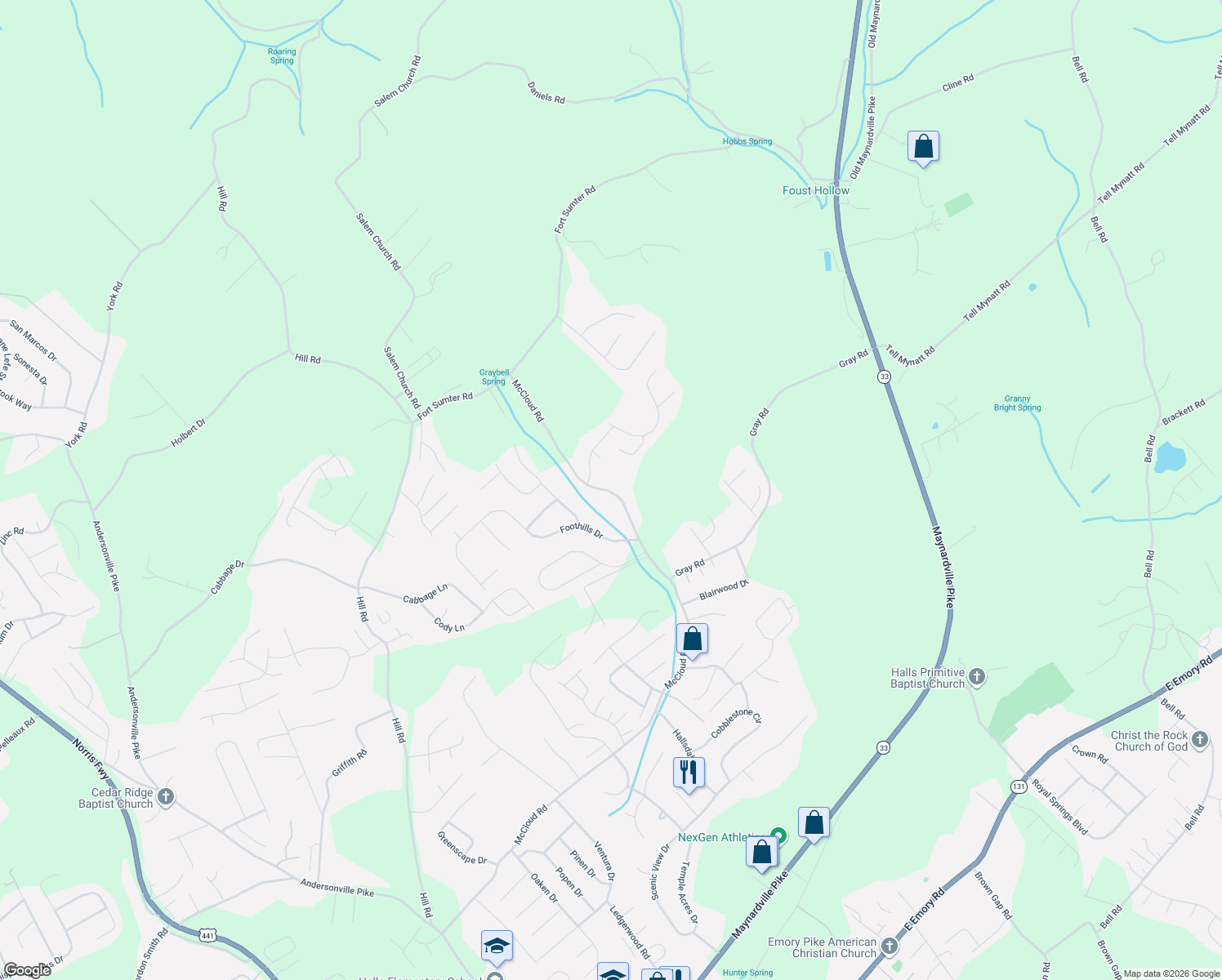 map of restaurants, bars, coffee shops, grocery stores, and more near 4711 McCloud Road in Knoxville