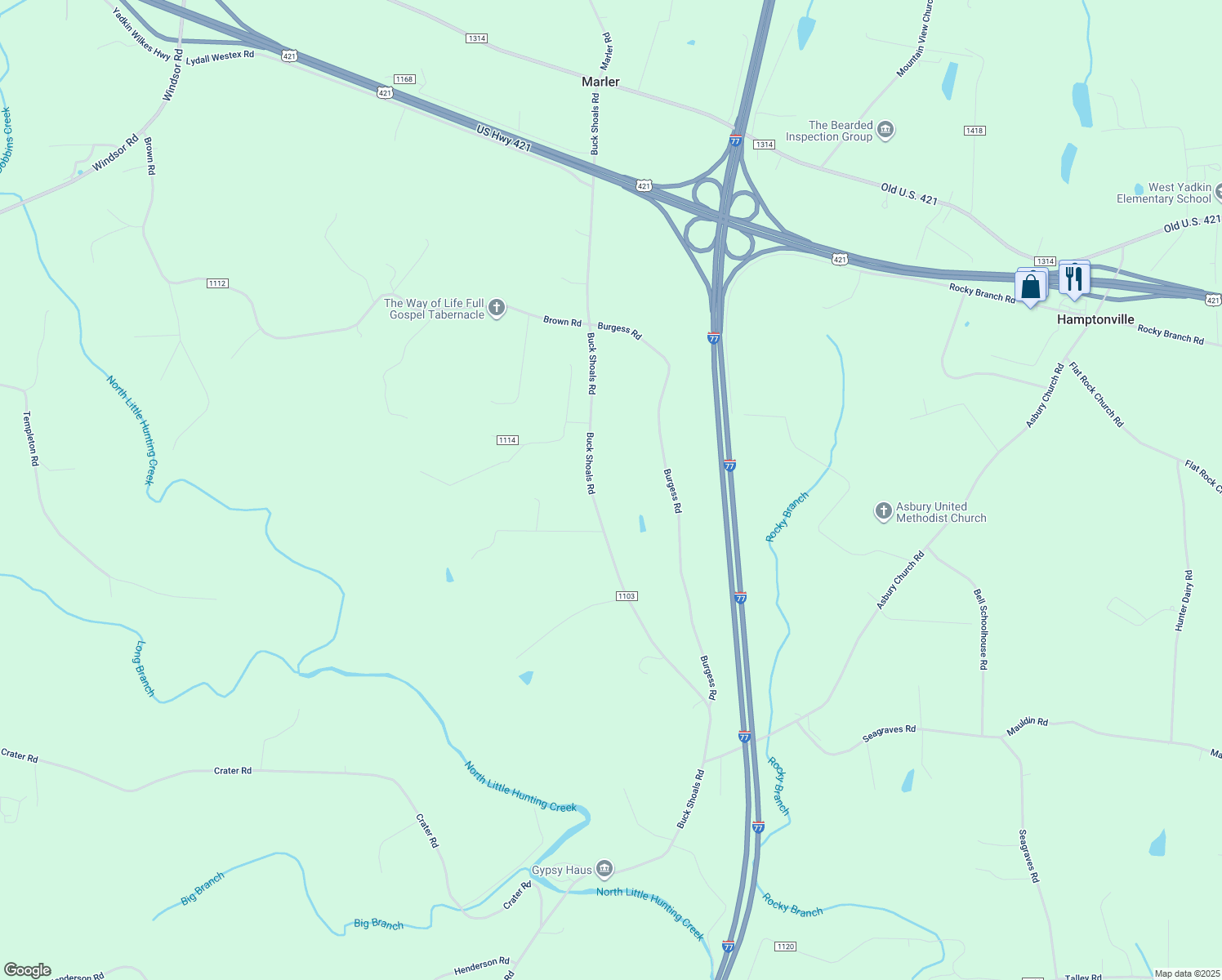 map of restaurants, bars, coffee shops, grocery stores, and more near 1549 Buck Shoals Road in Hamptonville