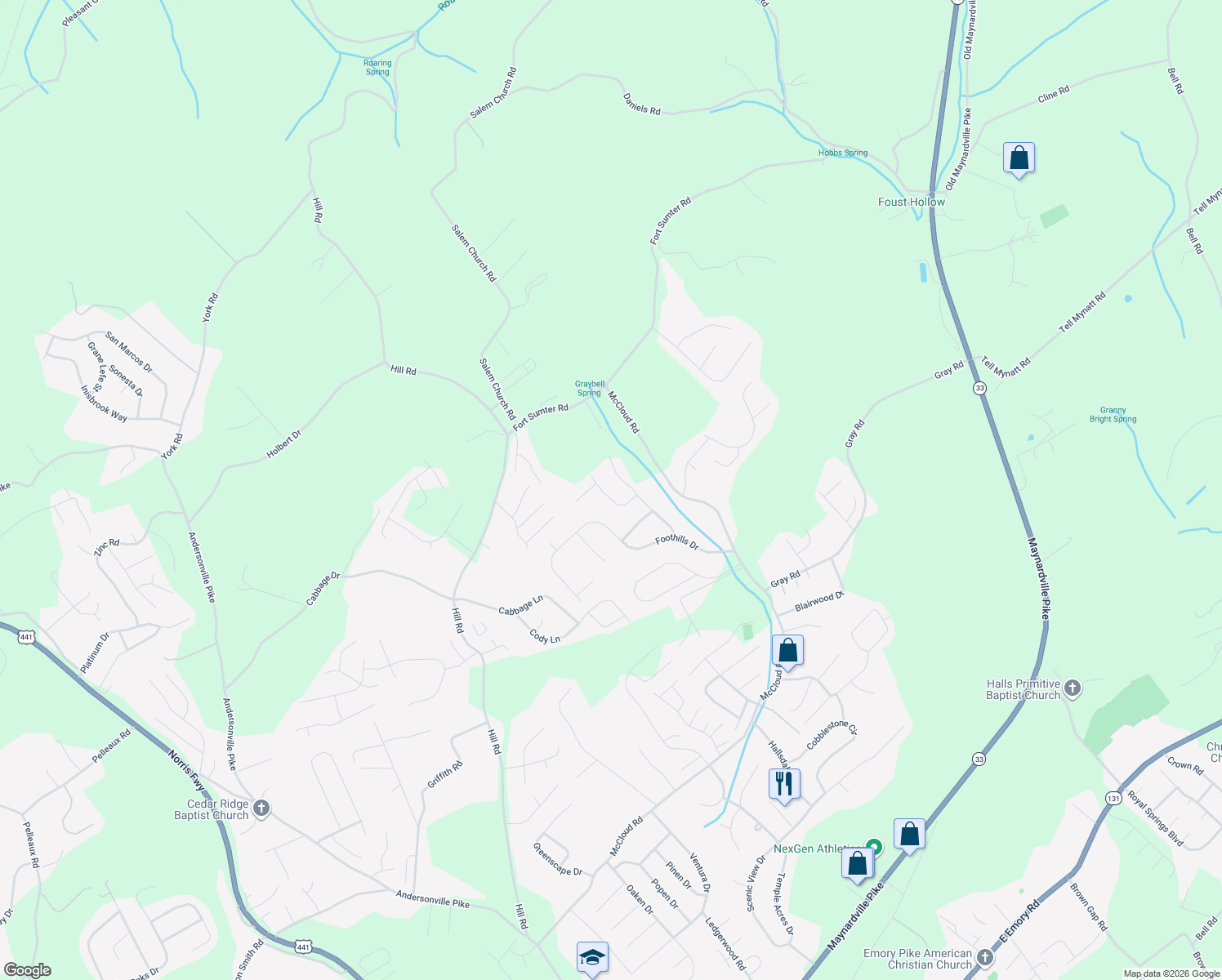 map of restaurants, bars, coffee shops, grocery stores, and more near 8300 Jade Tree Lane in Knoxville