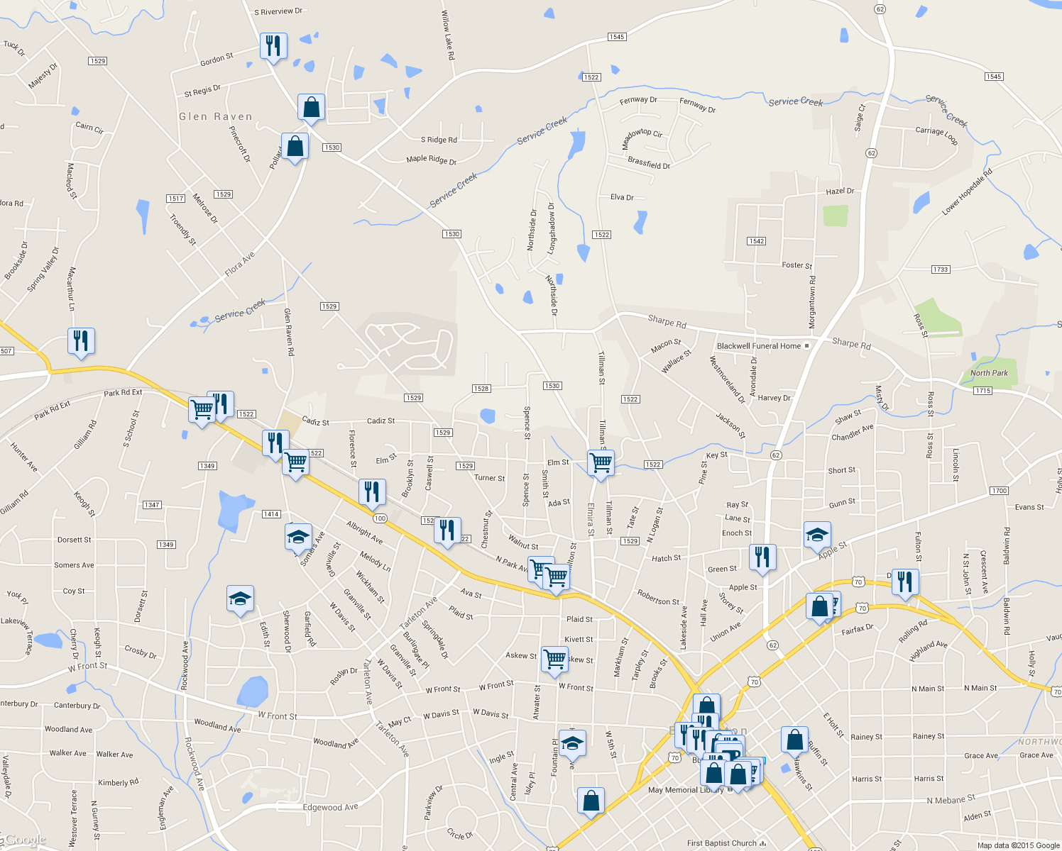 map of restaurants, bars, coffee shops, grocery stores, and more near 607 Spence Street in Burlington