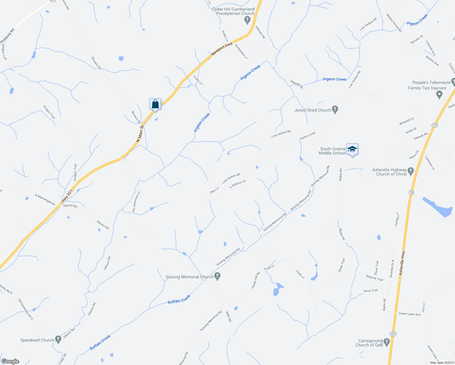 map of restaurants, bars, coffee shops, grocery stores, and more near 270 South Hickory Circle in Greeneville