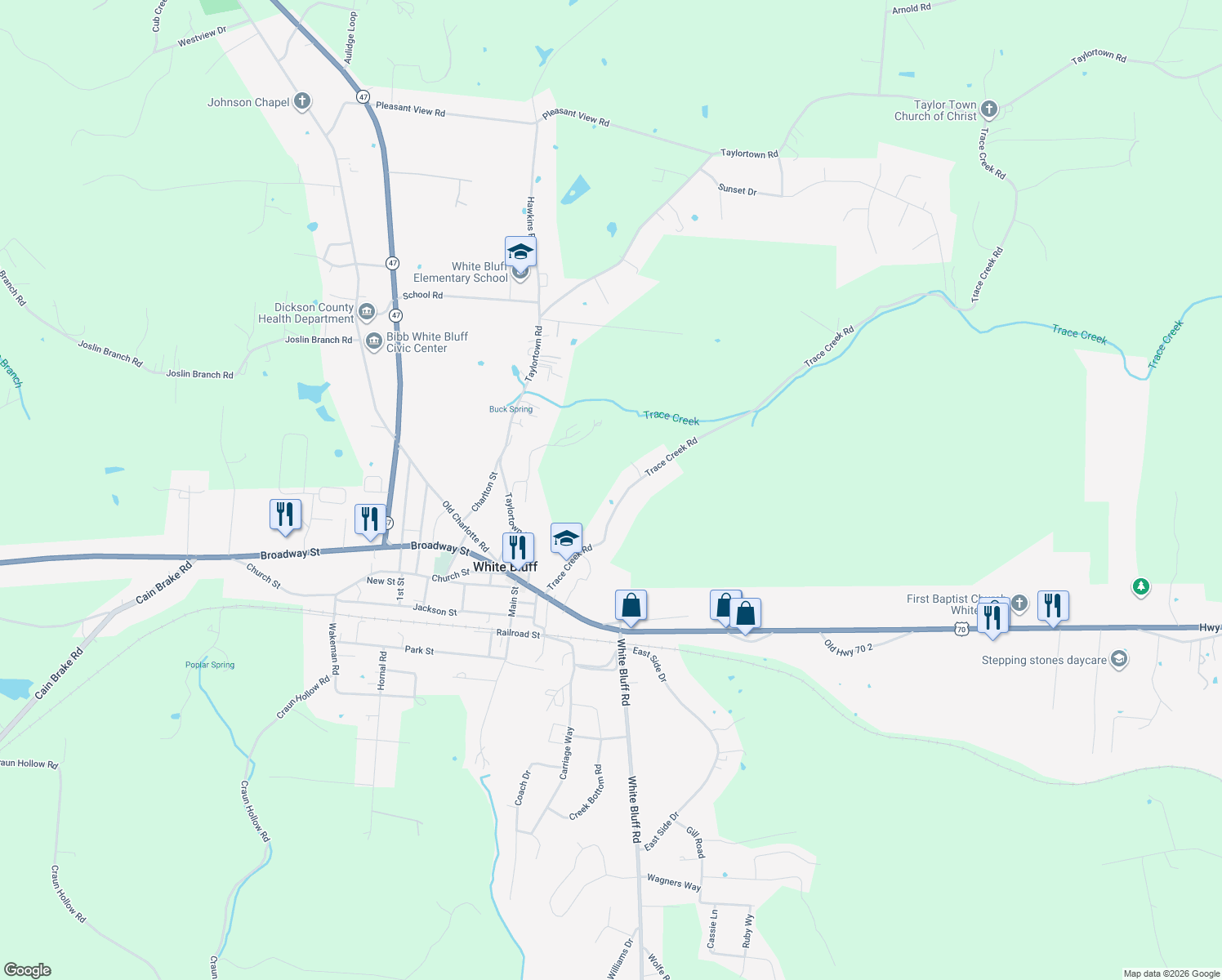 map of restaurants, bars, coffee shops, grocery stores, and more near 3083 Trace Creek Rd in White Bluff