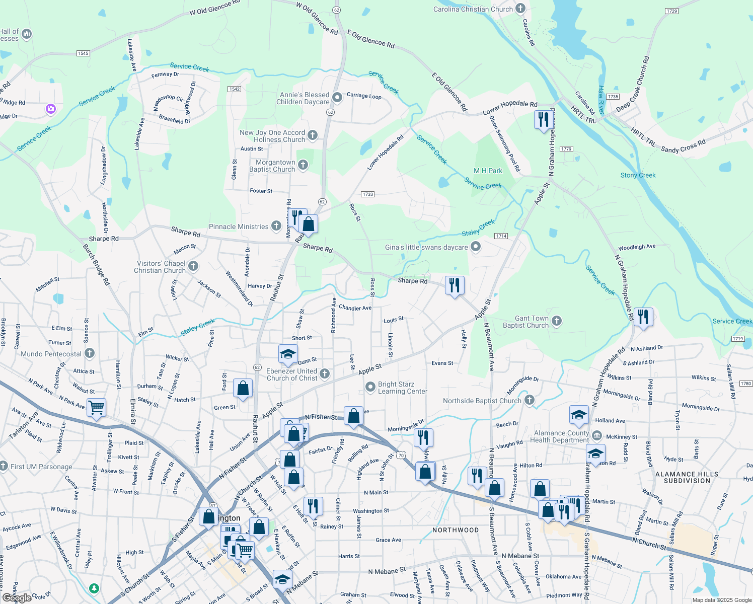 map of restaurants, bars, coffee shops, grocery stores, and more near 805 Ross Street in Burlington