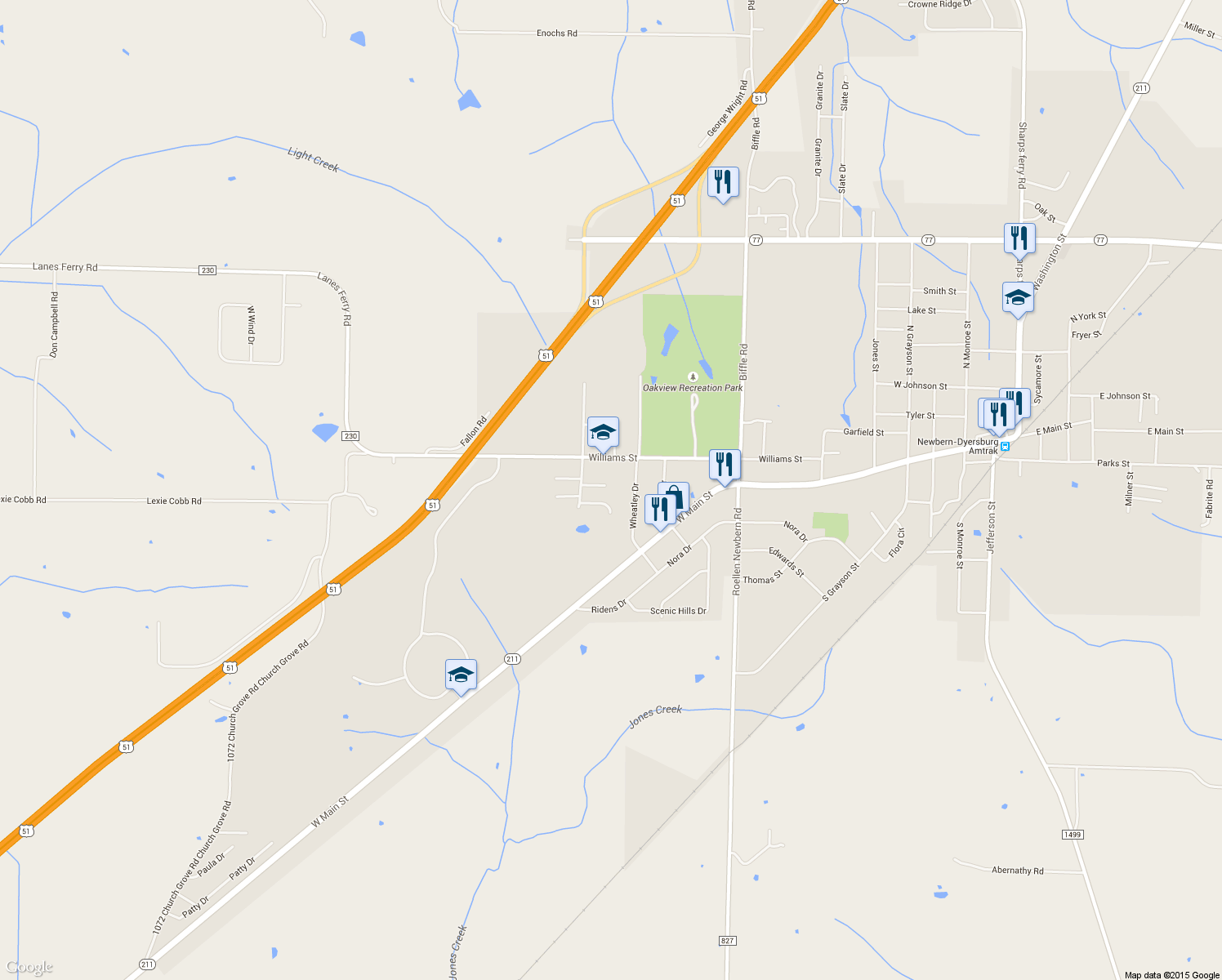 map of restaurants, bars, coffee shops, grocery stores, and more near 891 Lacebark Cove in Newbern