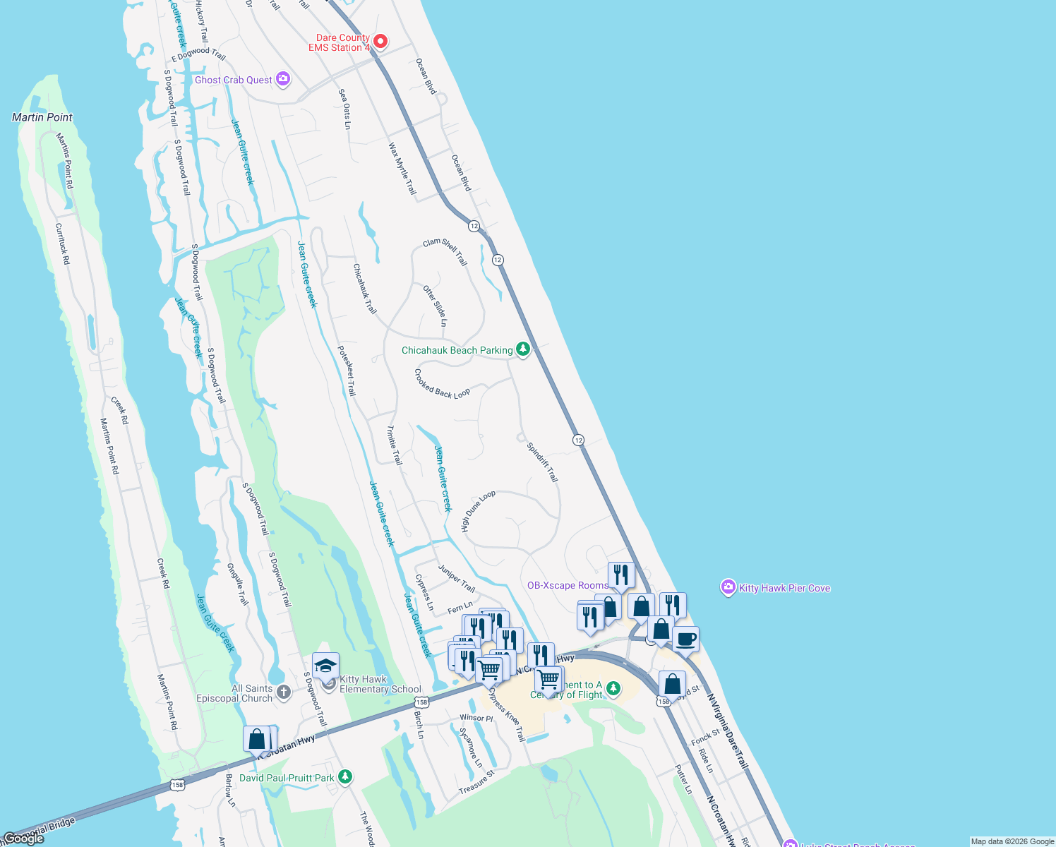 map of restaurants, bars, coffee shops, grocery stores, and more near 78 Spindrift Trail in Kitty Hawk