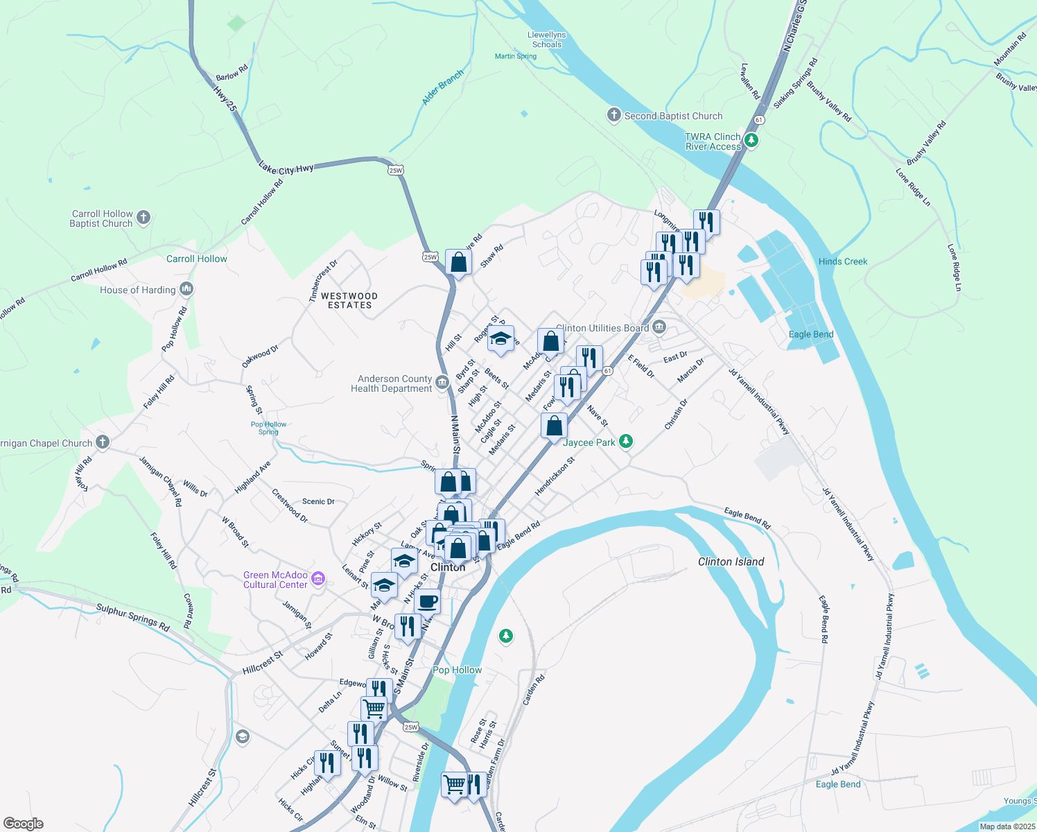 map of restaurants, bars, coffee shops, grocery stores, and more near 723 Medaris Street in Clinton