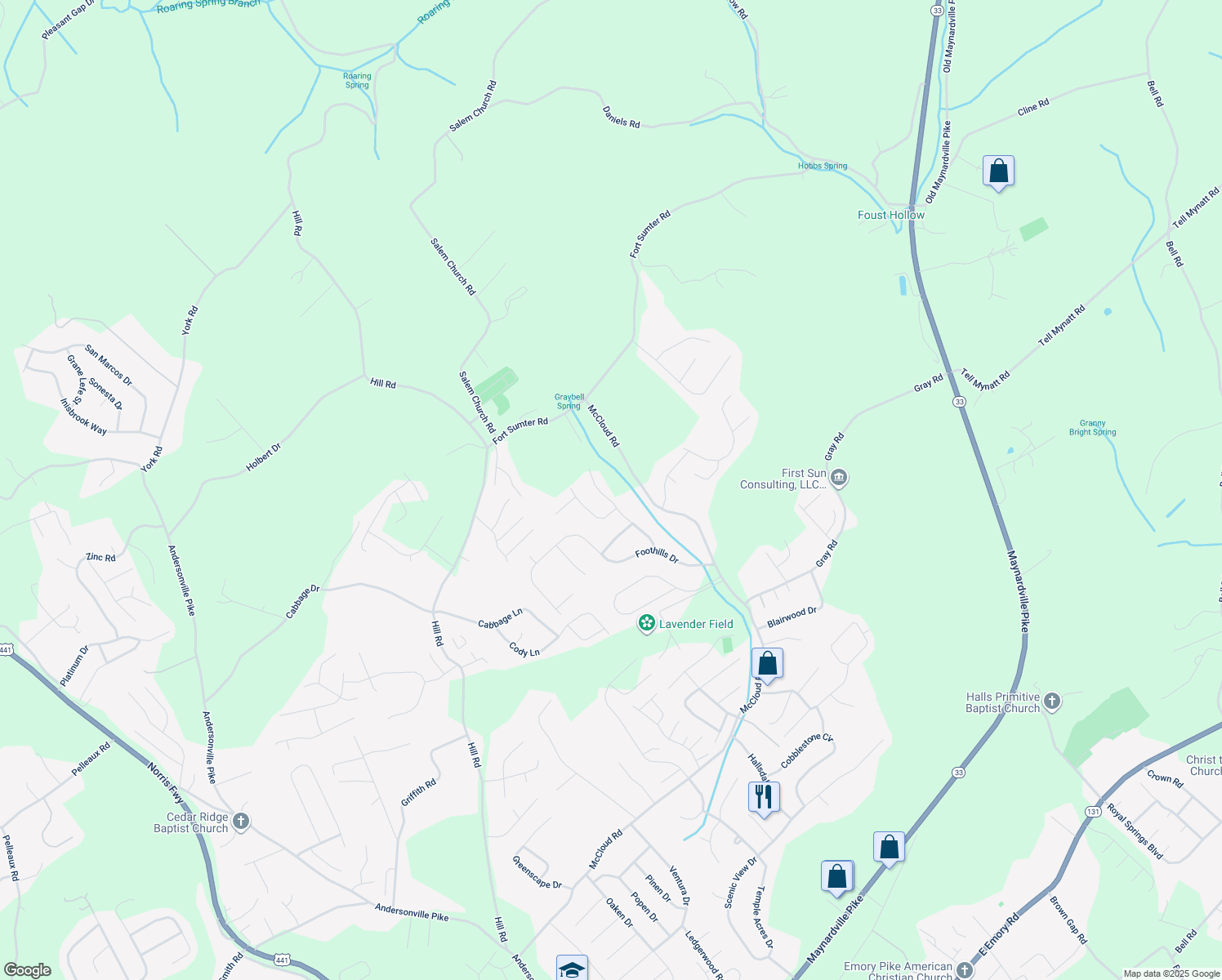 map of restaurants, bars, coffee shops, grocery stores, and more near 8212 Joshua Road in Knoxville