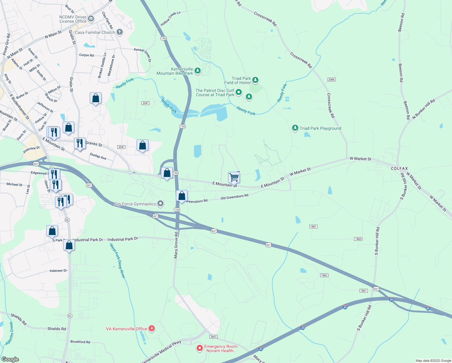 map of restaurants, bars, coffee shops, grocery stores, and more near 1421 East Mountain Street in Kernersville