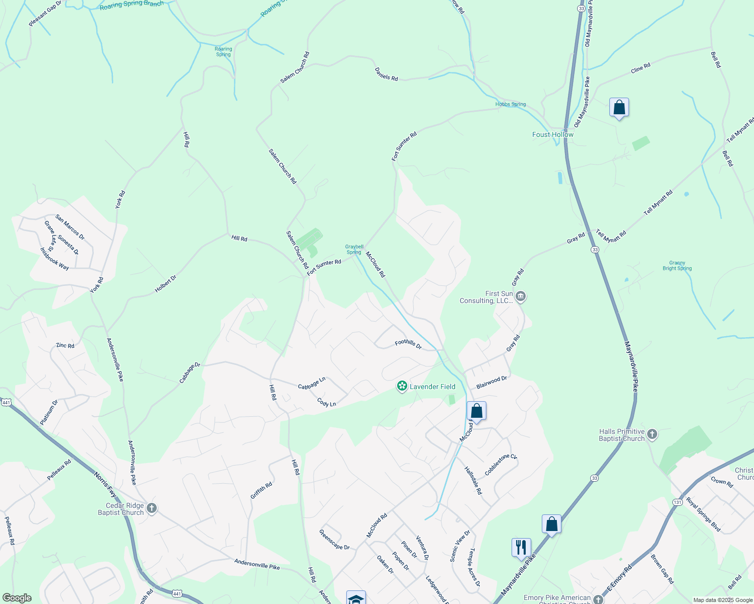 map of restaurants, bars, coffee shops, grocery stores, and more near 8212 Joshua Road in Knoxville