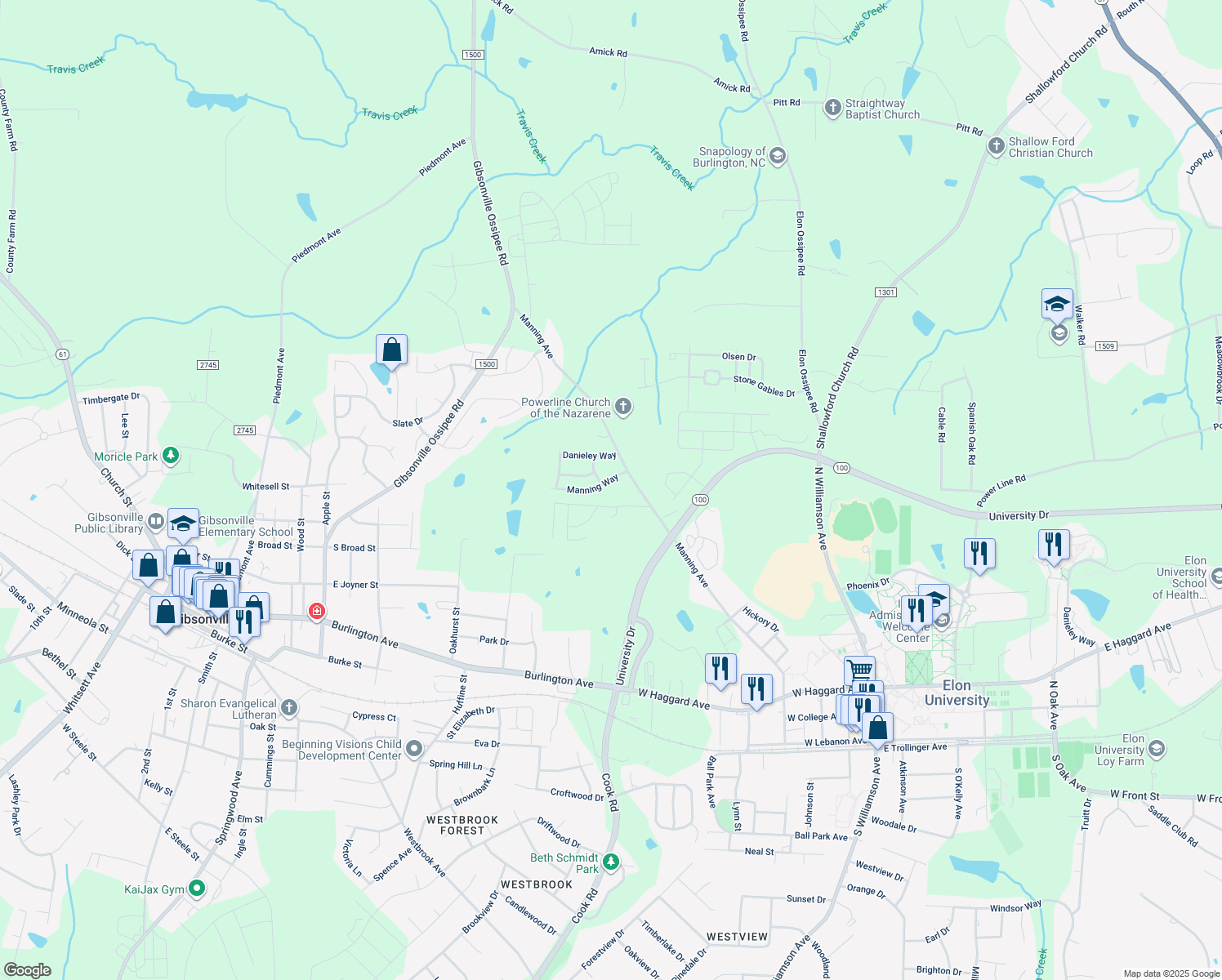 map of restaurants, bars, coffee shops, grocery stores, and more near 109 Manning Way in Elon