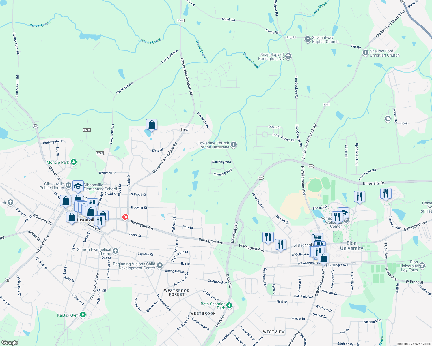 map of restaurants, bars, coffee shops, grocery stores, and more near 210 Manning Way in Elon