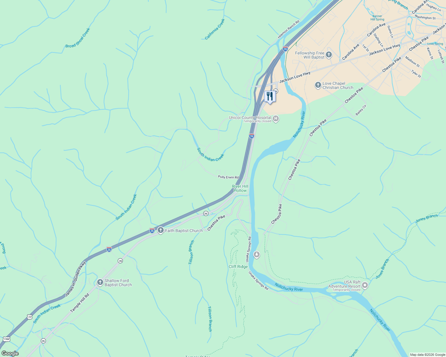 map of restaurants, bars, coffee shops, grocery stores, and more near 102 Natalie Lane in Erwin